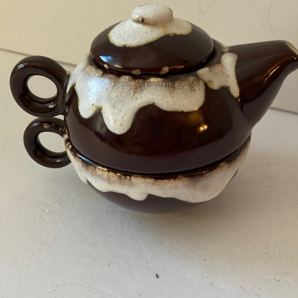 Brown and White Ceramic Teapot Set hand painted marked CCC